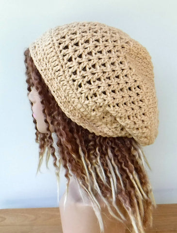 Warm beige slouchy beanie, small dread tam hat, slouch beanie, smaller dreadlocks hat, vegan man hat, woman beanie